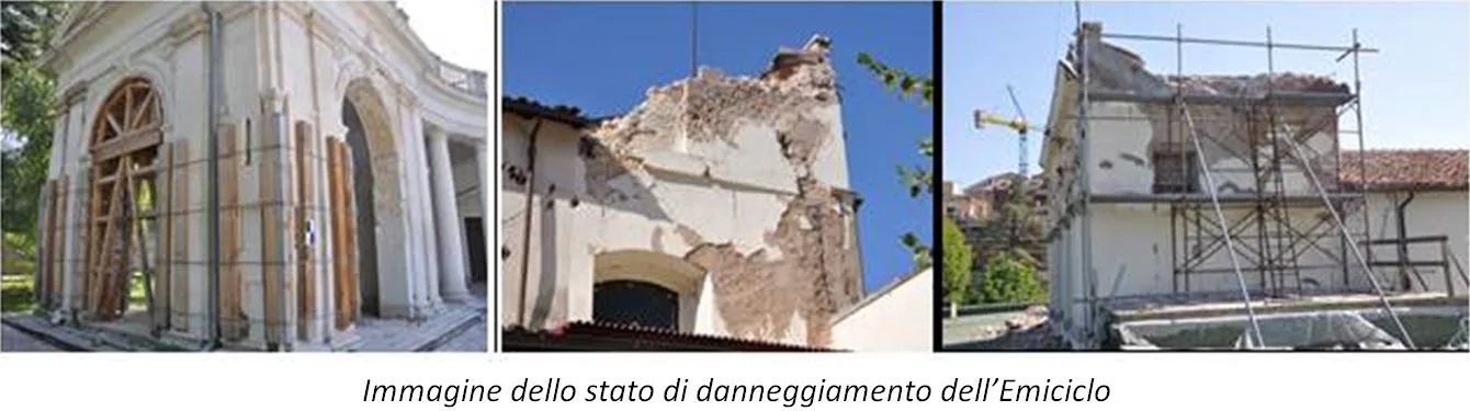 Tre fotogrammi del Palazzo dell'Emiciclo: presidi lignei, muratura lesionata e facciata con ponteggio e gru di cantiere